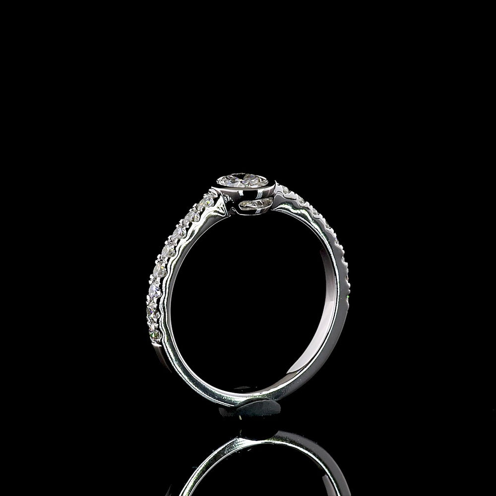 14K White Gold Oval Cut Solitaire Shank Ring with Bezel Center and Accent Diamonds - 0.76 Carat Total Weight, Lab Grown E VS1 Diamonds - Covaloro Fine Jewelry