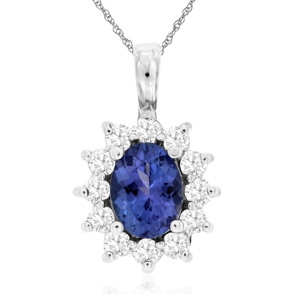 14K White Gold Oval Cut Tanzanite and Diamond Halo Pendant Necklace - 1.30 Carat Tanzanite with 0.63 Carat Round Diamond Accents - Royal Jewelry