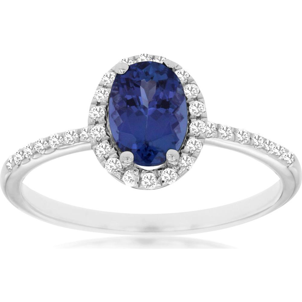 14K White Gold Oval Cut Tanzanite and Diamond Halo Ring - 0.84 Carat Tanzanite, 0.17 Carat Diamond Total Weight - Royal Jewelry