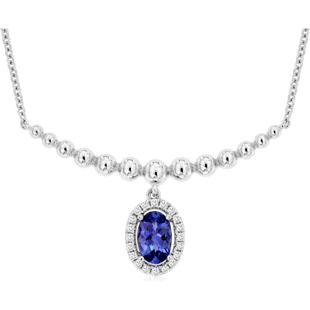 14K White Gold Oval-Cut Tanzanite Halo Pendant Necklace with Beaded Chain and Diamond Accents - 0.50 Carat Tanzanite and 0.08 Carat Total Diamond Weight - Royal Jewelry