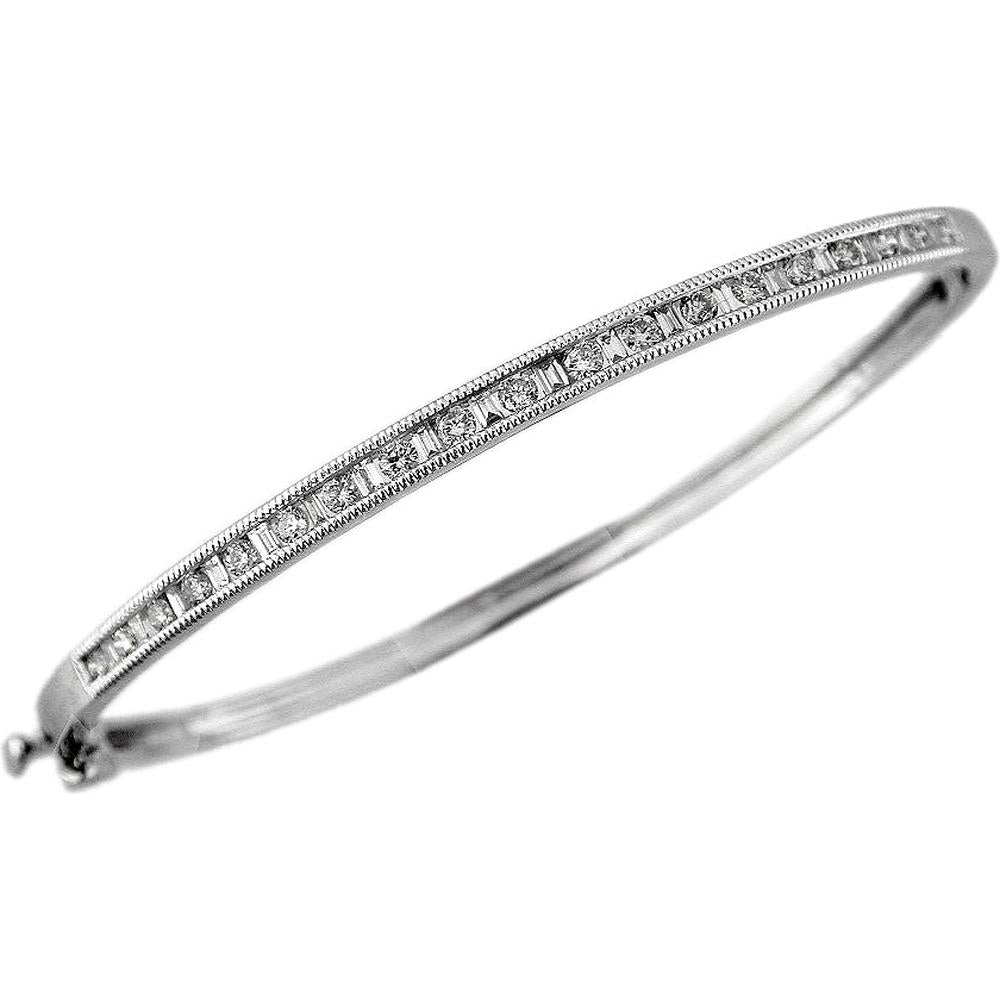 14K White Gold Oval Diamond Bangle with Baguette and Round Diamonds - 1.00 Carat Total Diamond Weight - Royal Jewelry
