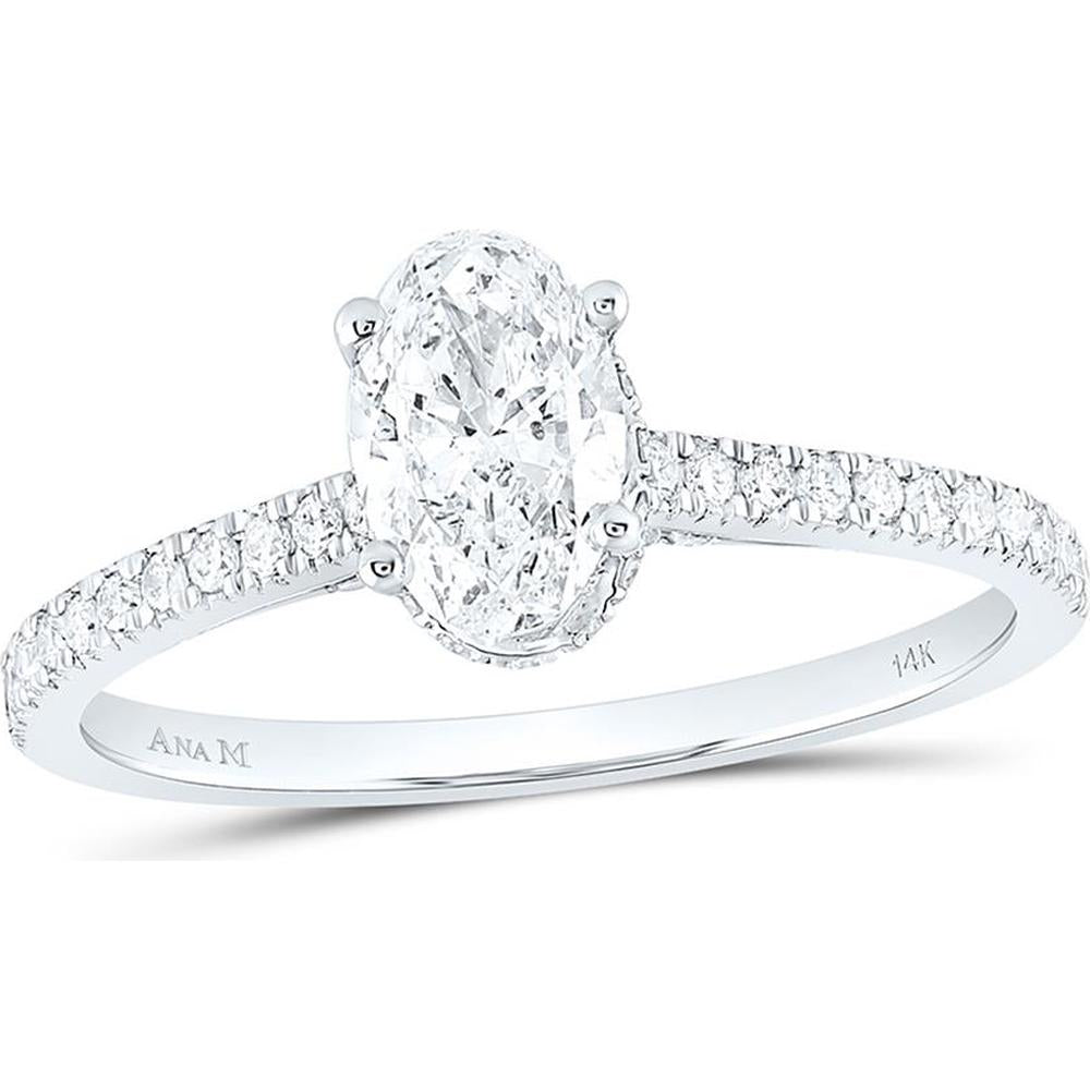 14K White Gold Oval Diamond Engagement Ring with Pave-Set Round Diamonds and Sapphire Accents - 1.00 Carat Total Diamond Weight