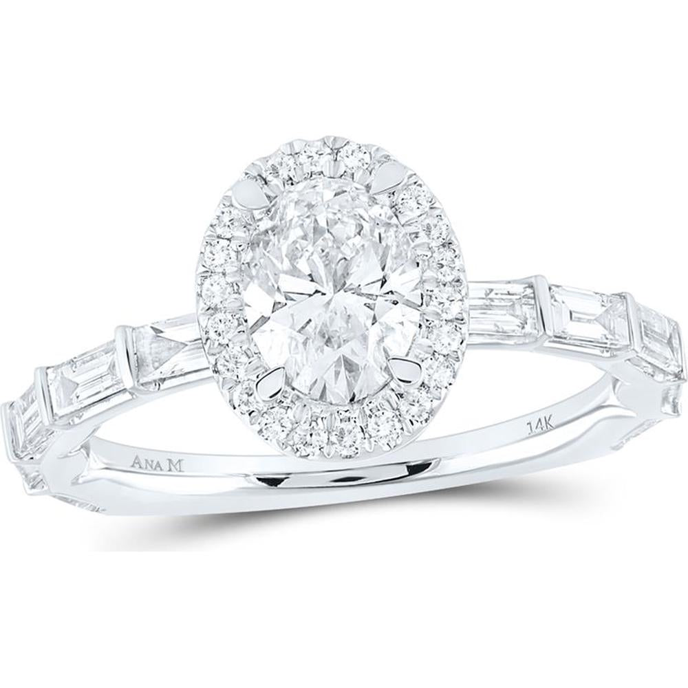 14K White Gold Oval Diamond Halo Bridal Engagement Ring with Round and Baguette Diamonds - 2 Carat Total Diamond Weight