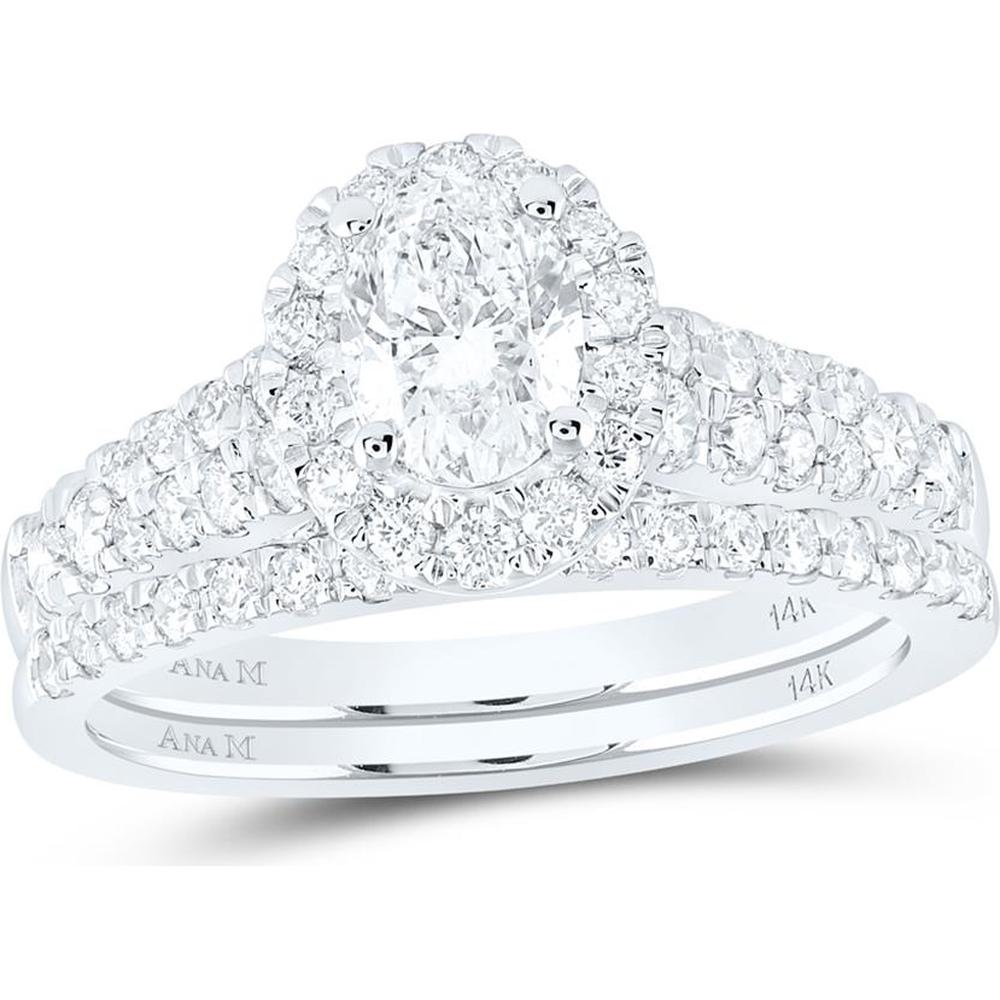 14K White Gold Oval Diamond Halo Bridal Wedding Ring Set - 1.5 Carat Total Diamond Weight