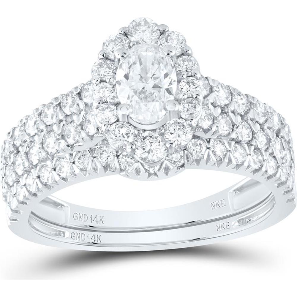 14K White Gold Oval Diamond Halo Bridal Wedding Ring Set with 1-1/2 Carat Total Diamond Weight