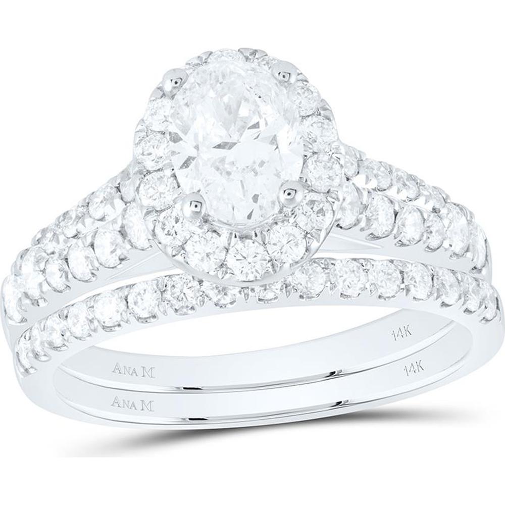 14K White Gold Oval Diamond Halo Bridal Wedding Ring Set with 2 Carat Total Weight and Natural Blue Sapphire Accents