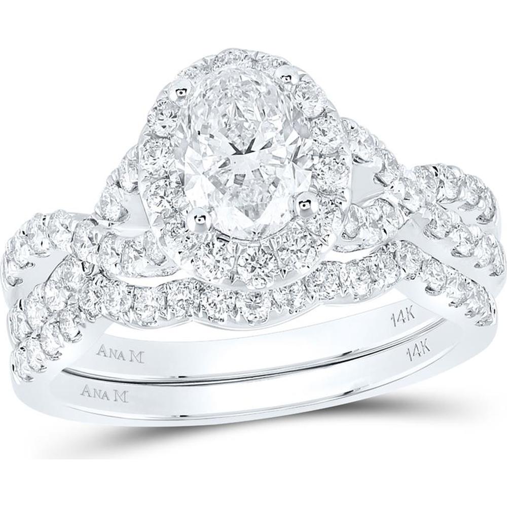 14K White Gold Oval Diamond Halo Bridal Wedding Ring Set with Blue Sapphire Accents - 2.00 Carat Total Diamond Weight