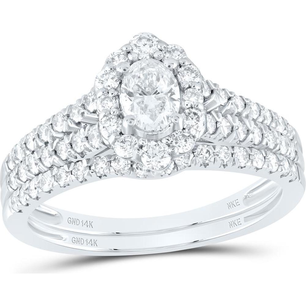 14K White Gold Oval Diamond Halo Bridal Wedding Ring Set with Blue Sapphire and 1 Carat Total Diamond Weight