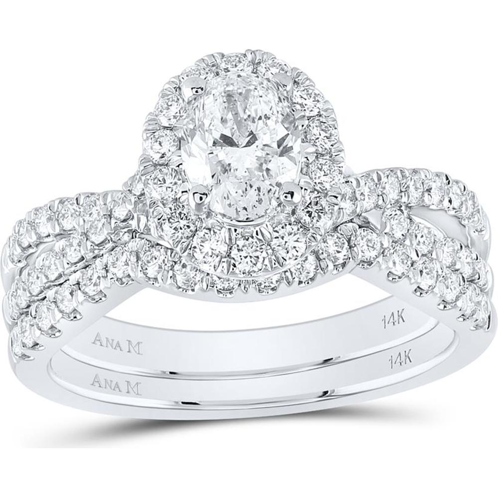14K White Gold Oval Diamond Halo Bridal Wedding Ring Set with Round Diamonds and Blue Sapphire - 1.5 Carat Total Diamond Weight