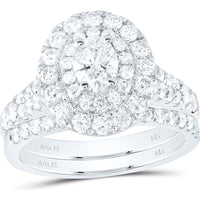 14K White Gold Oval Diamond Halo Bridal Wedding Ring Set with Round Diamonds and Blue Sapphire - 2 Carat Total Weight