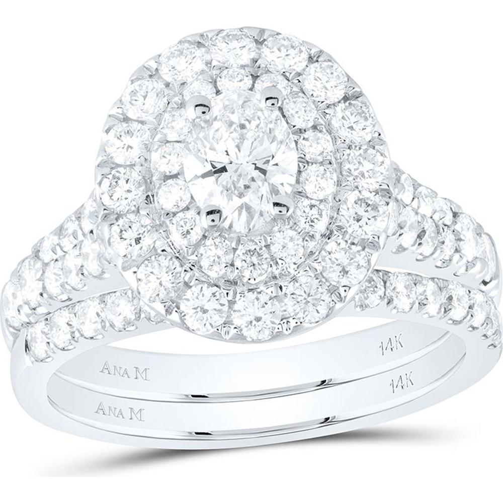 14K White Gold Oval Diamond Halo Bridal Wedding Ring Set with Round Diamonds and Blue Sapphire - 2 Carat Total Weight
