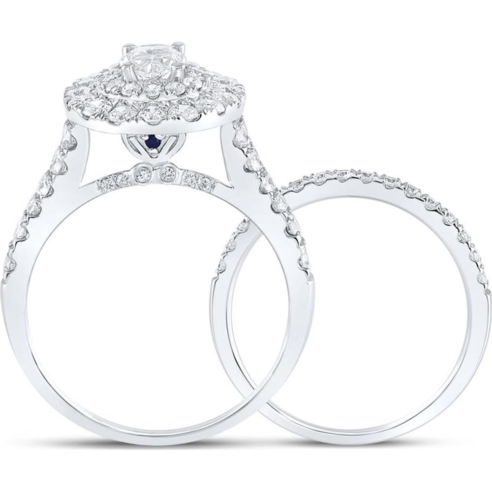 14K White Gold Oval Diamond Halo Bridal Wedding Ring Set with Round Diamonds and Blue Sapphire - 2 Carat Total Weight