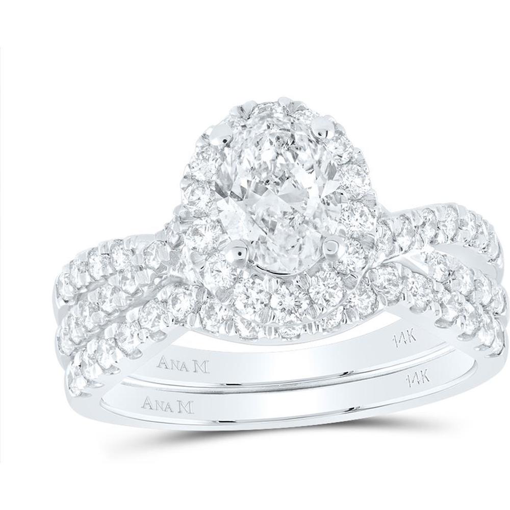 14K White Gold Oval Diamond Halo Bridal Wedding Ring Set with Round Diamonds and Blue Sapphire - 2 Carat Total Weight