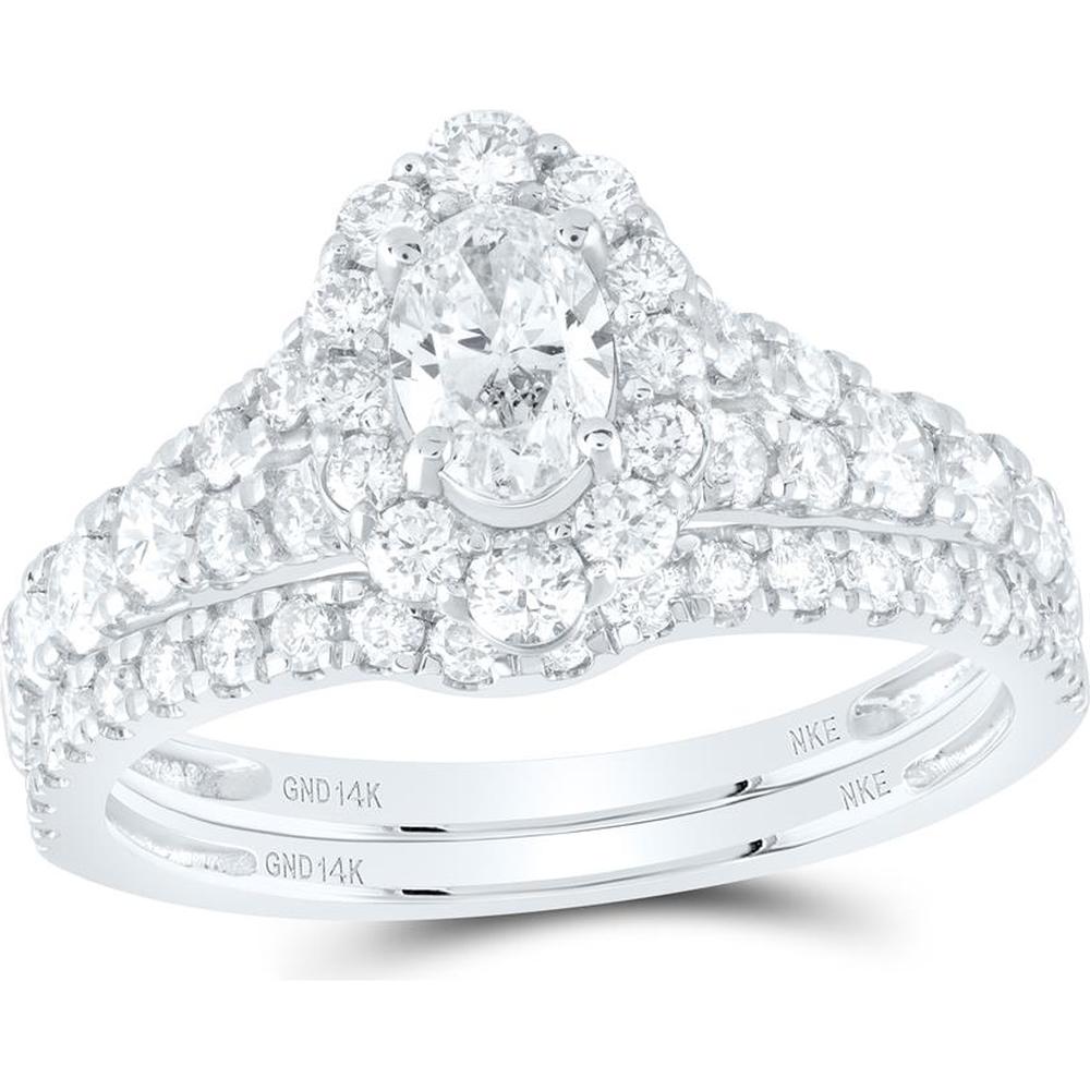 14K White Gold Oval Diamond Halo Bridal Wedding Ring Set with Round Diamonds and Blue Sapphire Accents - 1.5 Carat Total Diamond Weight