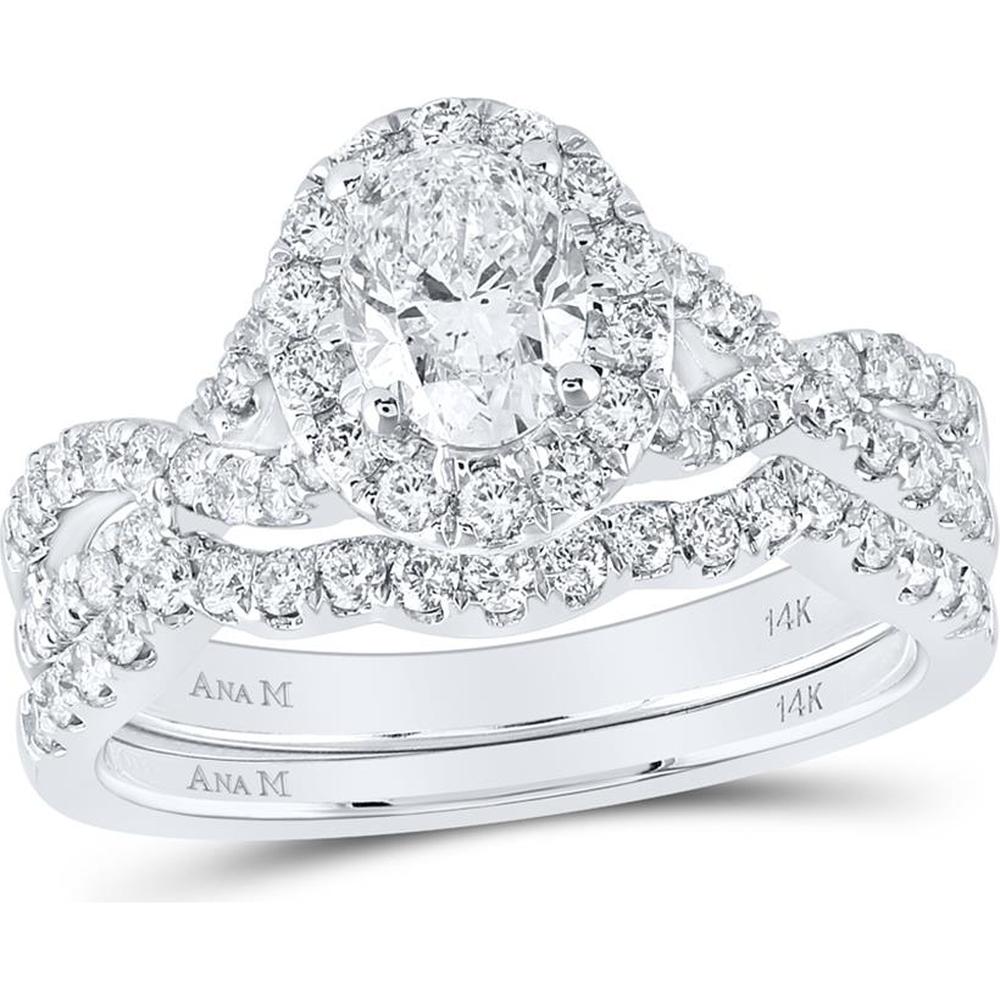14K White Gold Oval Diamond Halo Bridal Wedding Ring Set with Round Diamonds and Natural Blue Sapphire - 1.50 Carat Total Diamond Weight