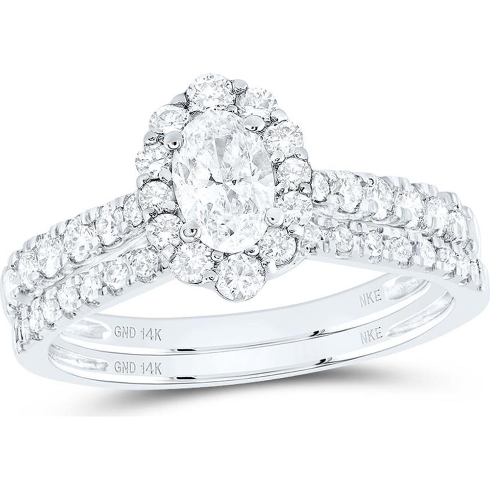 14K White Gold Oval Diamond Halo Bridal Wedding Ring Set with Round Diamonds and Natural Blue Sapphire - 1 Carat Total Gemstone Weight