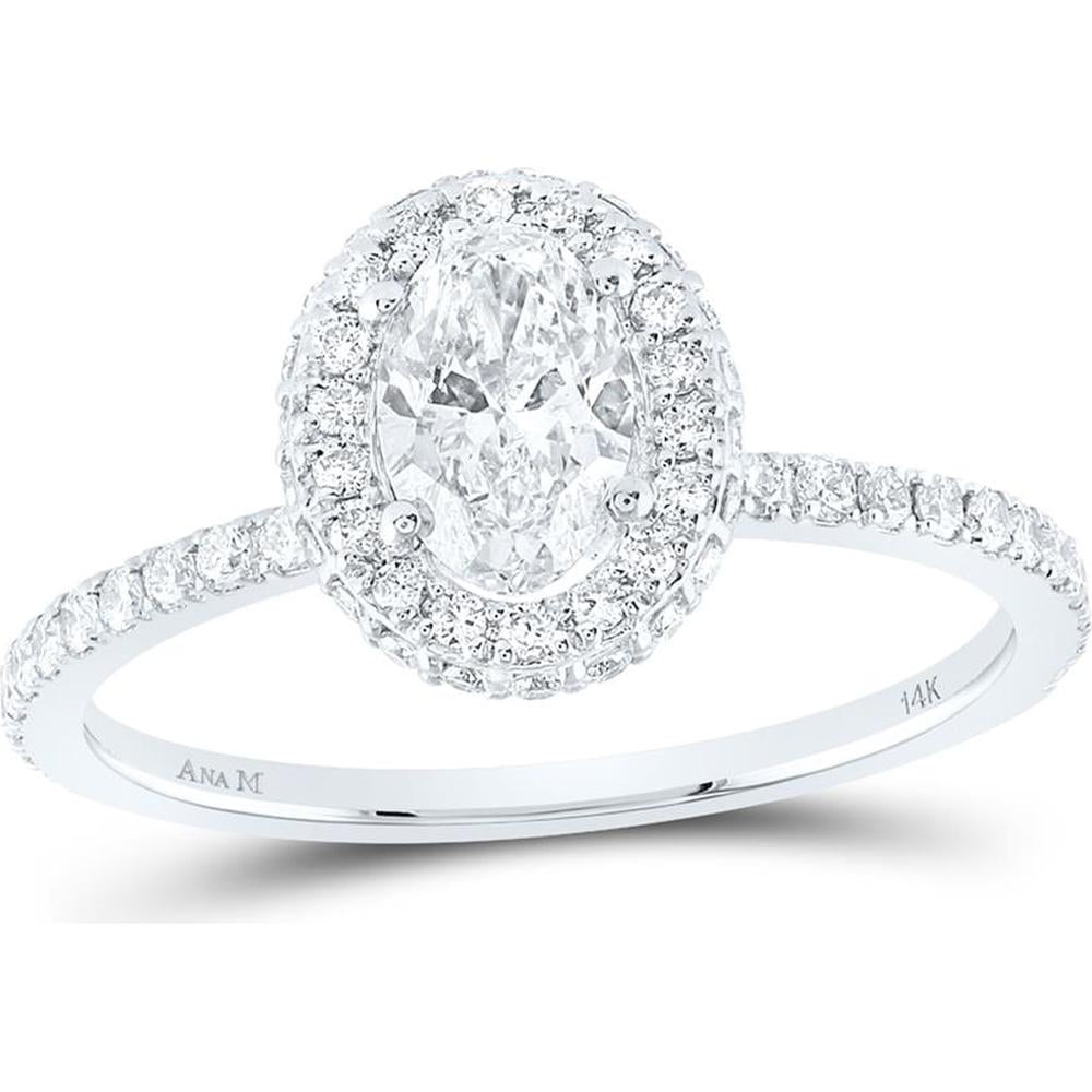 14K White Gold Oval Diamond Halo Engagement Ring with 1.01 Carat Oval Diamond and 0.5 Carat Round Diamonds - Certified