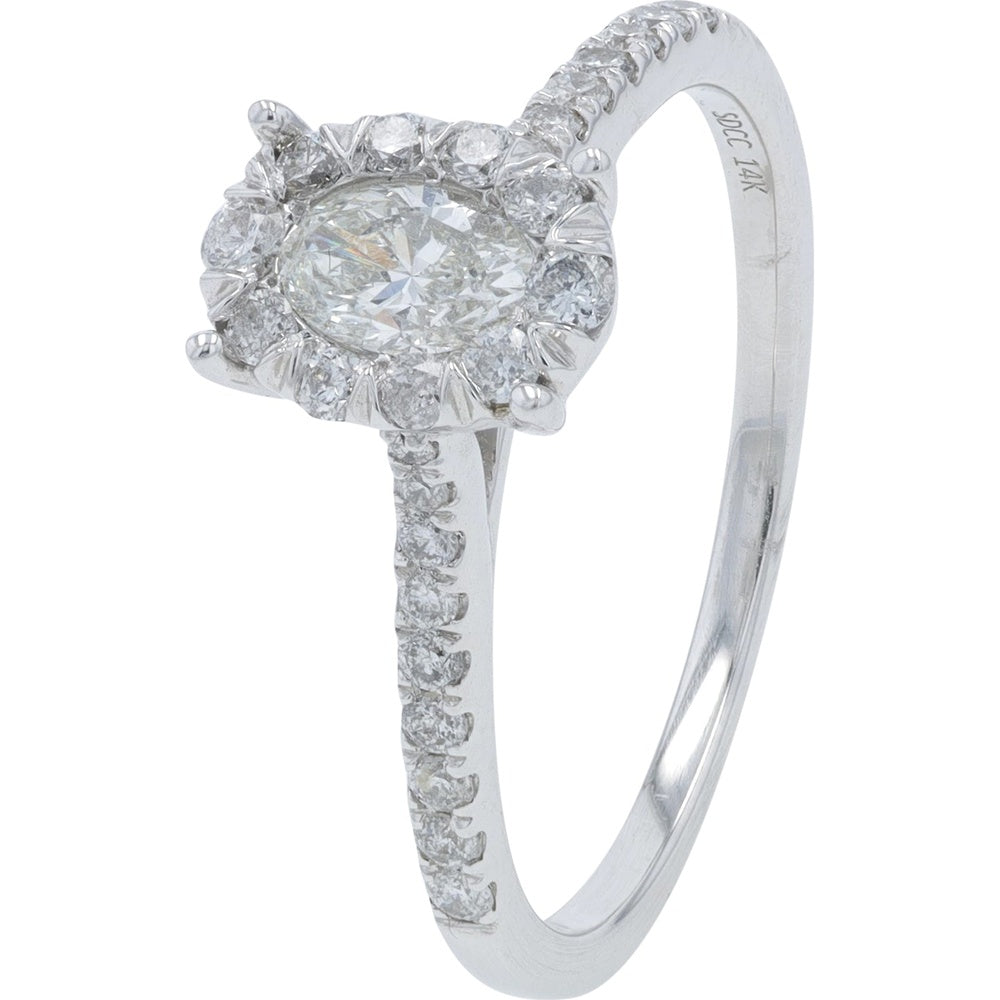 14K White Gold Oval Diamond Halo Ring with Pavé Band - 0.75 Carat Total Diamond Weight