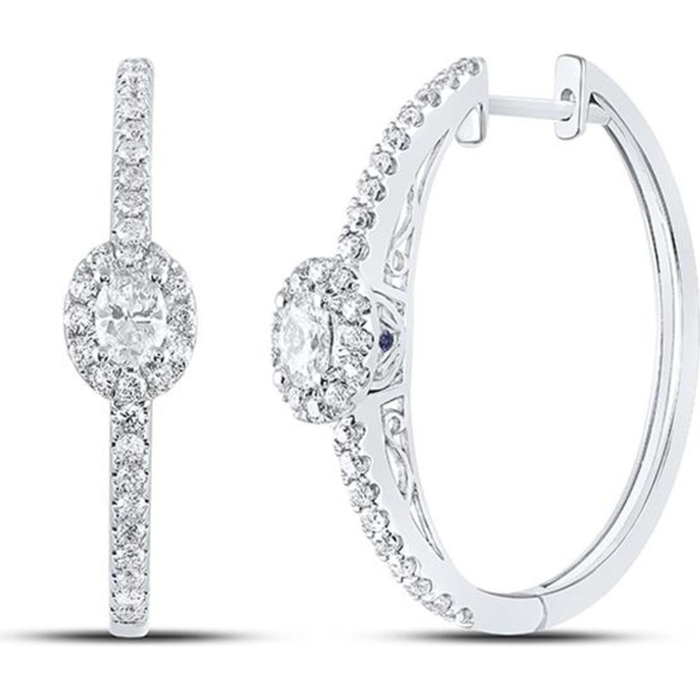 14K White Gold Oval Diamond Hoop Earrings with Round Diamonds and Natural Blue Sapphires - 1 Carat Total Gemstone Weight