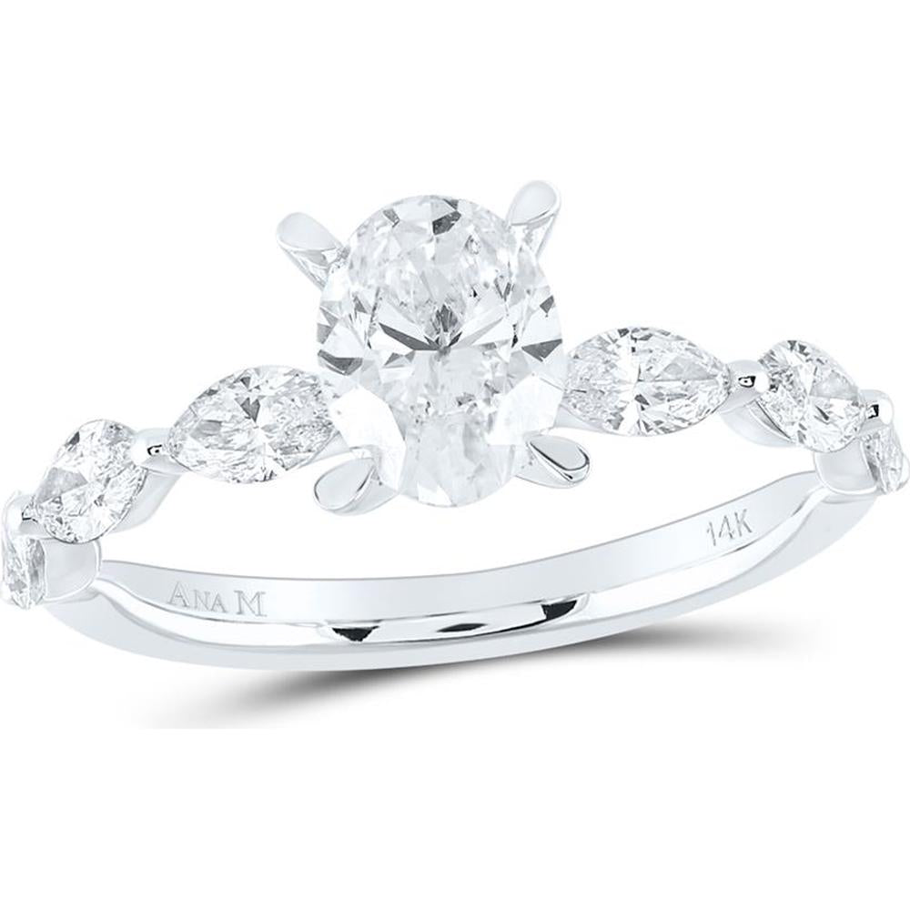 14K White Gold Oval Diamond Solitaire Engagement Ring with Pear-Shaped Side Diamonds - 1.75 Carat Total Diamond Weight