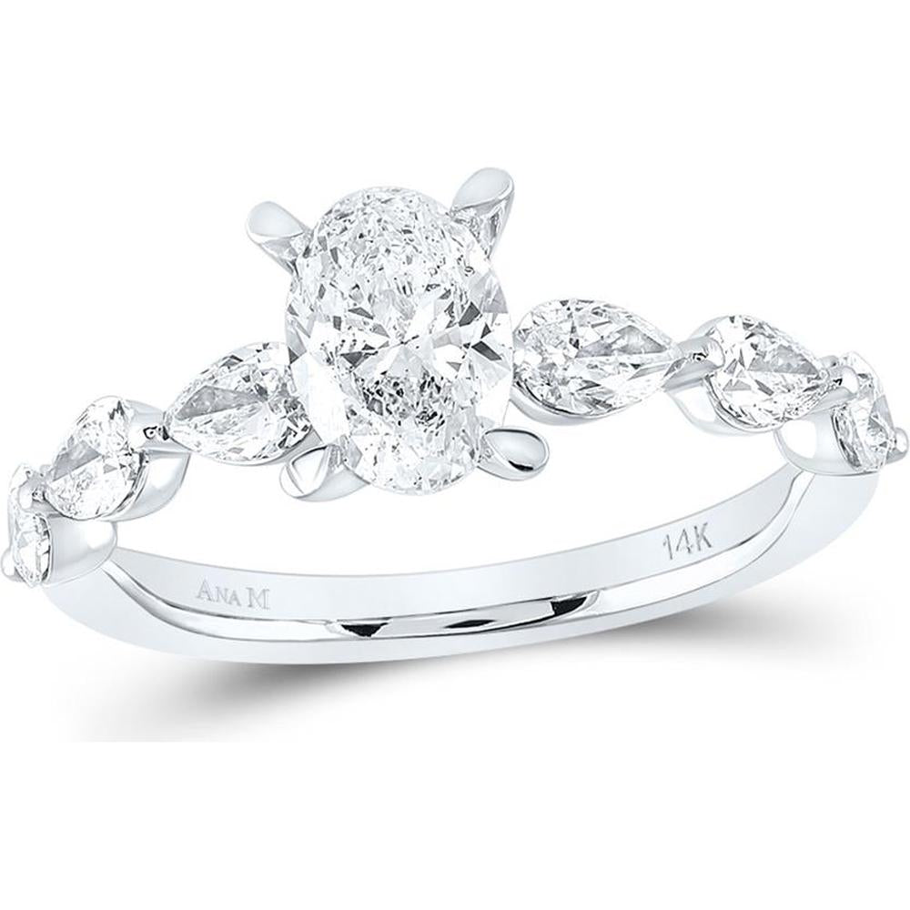 14K White Gold Oval Diamond Solitaire Engagement Ring with Pear-Shaped Side Diamonds - 1.88 Carat Total Diamond Weight