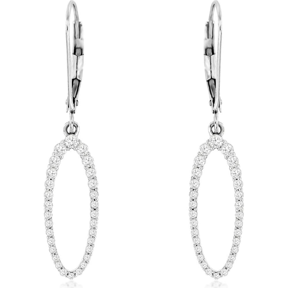 14K White Gold Oval Drop Earrings with Diamond Halo - 0.50 Carats Total Diamond Weight