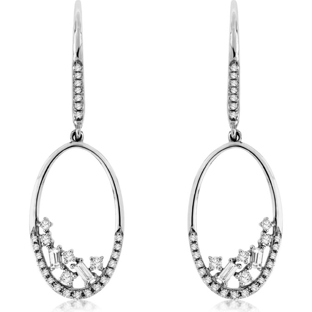 14K White Gold Oval Drop Earrings with Round and Baguette Diamonds - 0.37 Carats Total Diamond Weight
