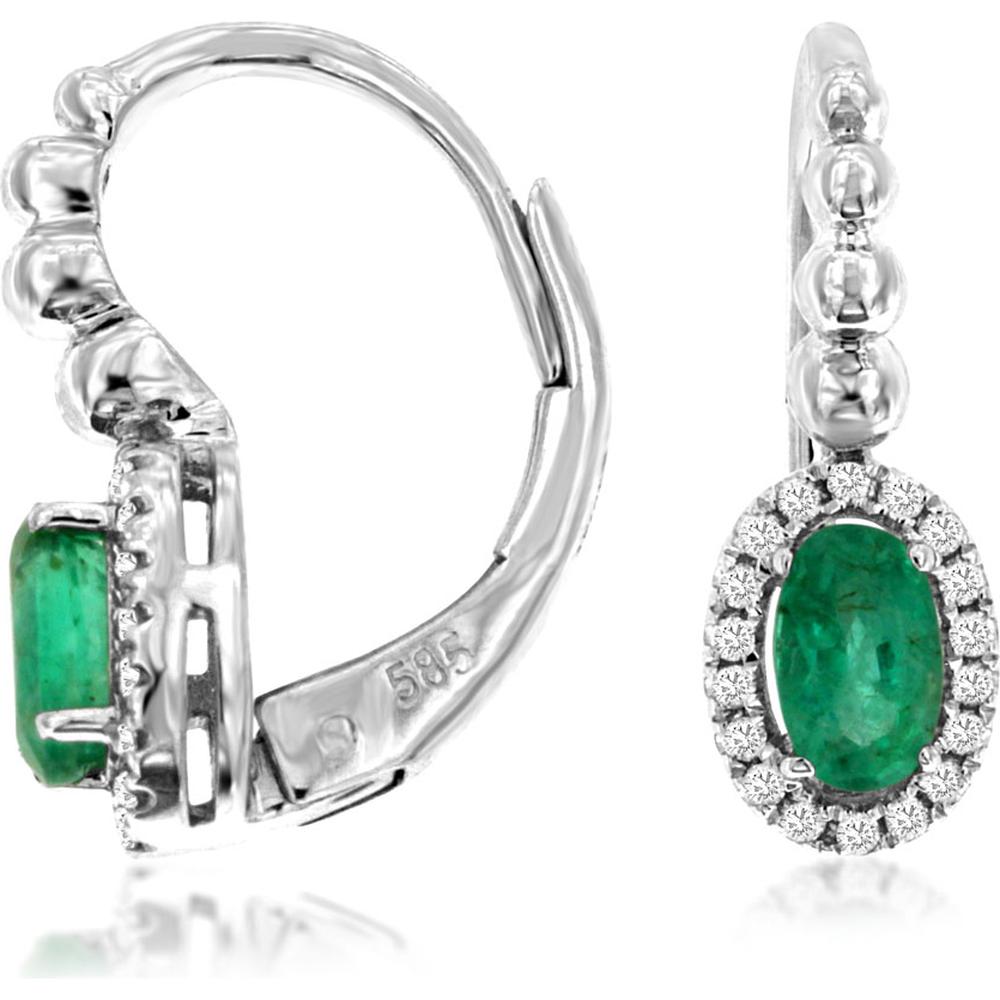 14K White Gold Oval Emerald & Diamond Earrings - 0.88 Carats Total Weight