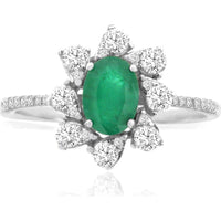 14K White Gold Oval Emerald and Diamond Floral Halo Ring with Diamond Accent Band - 0.70 Carat Emerald and 0.50 Carat Total Diamond Weight - Royal Jewelry