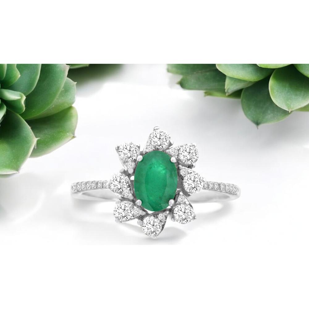 14K White Gold Oval Emerald and Diamond Floral Halo Ring with Diamond Accent Band - 0.70 Carat Emerald and 0.50 Carat Total Diamond Weight - Royal Jewelry