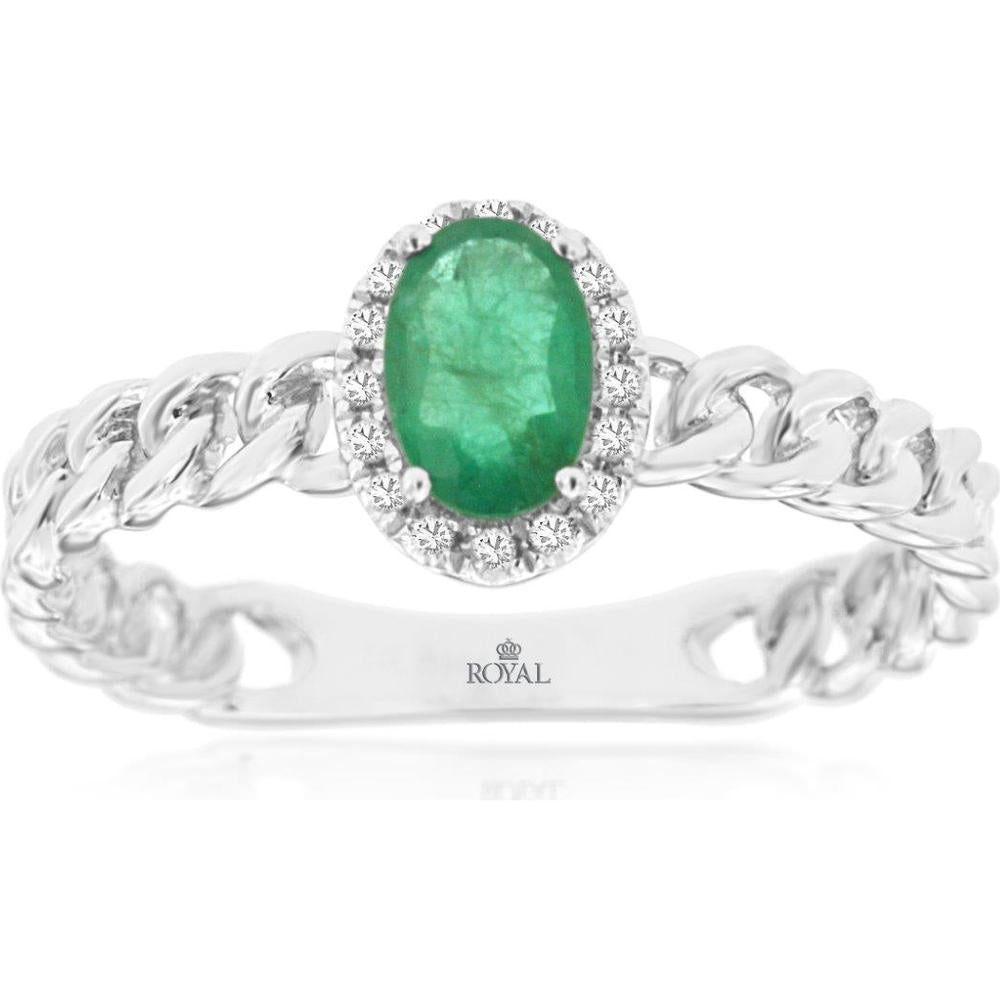 14K White Gold Oval Emerald and Diamond Halo Chain Link Ring - 0.44 Carat Emerald, 0.07 Carat Diamond Total Weight - Royal Jewelry
