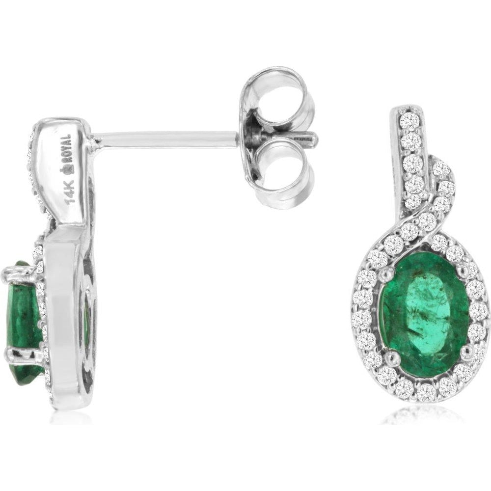 14K White Gold Oval Emerald and Diamond Halo Drop Earrings - 0.90 Carat Total Emerald Weight and 0.17 Carat Total Diamond Weight - Royal Jewelry