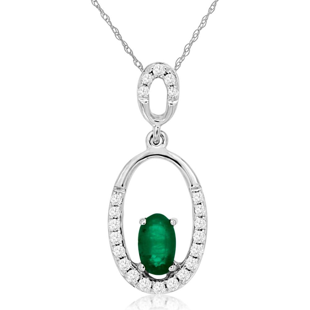14K White Gold Oval Emerald and Diamond Halo Pendant - 0.20 Carat Emerald, 0.10 Carat Diamond Total Weight - Royal Jewelry
