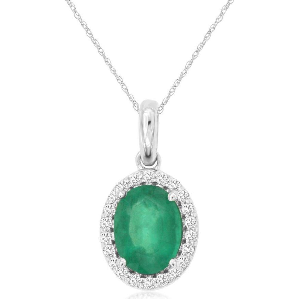 14K White Gold Oval Emerald and Diamond Halo Pendant - 1.10 Carat Emerald Total Weight with 0.14 Carat Diamond Accents - Royal Jewelry
