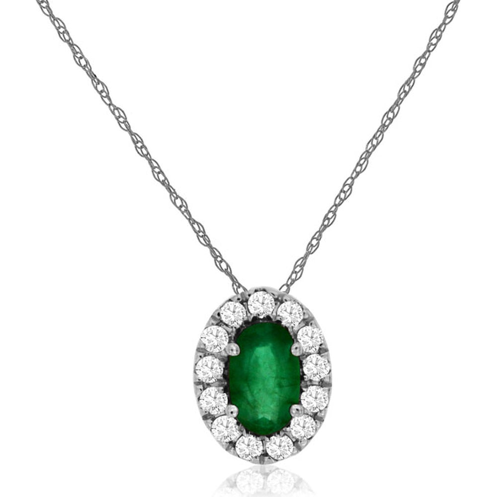 14K White Gold Oval Emerald and Diamond Halo Pendant Necklace - 0.22 Carat Emerald and 0.10 Carat Total Diamond Weight - Royal Jewelry