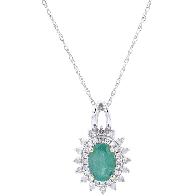 14K White Gold Oval Emerald and Diamond Halo Pendant Necklace - 0.25 Carats Diamond Total Weight