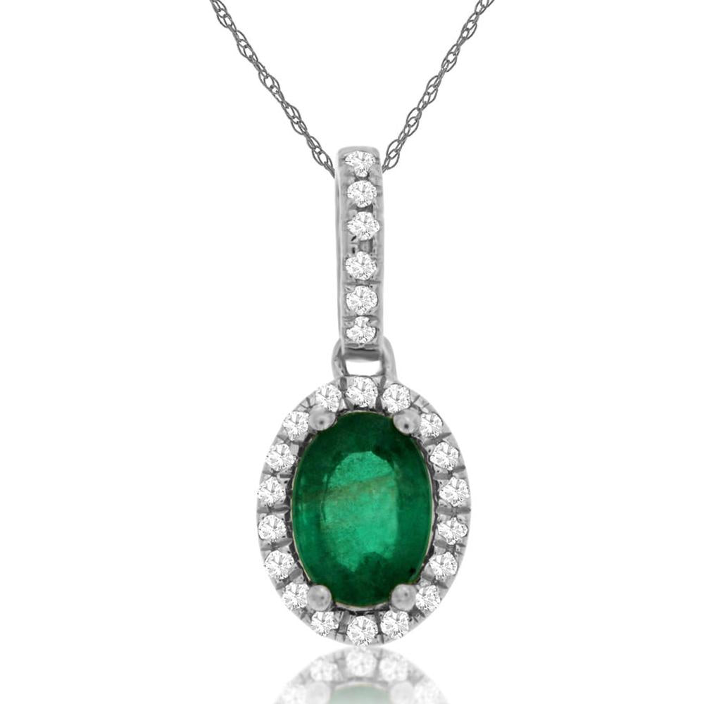 14K White Gold Oval Emerald and Diamond Halo Pendant Necklace - 0.70 Carat Emerald and 0.12 Carat Total Diamond Weight - Royal Jewelry