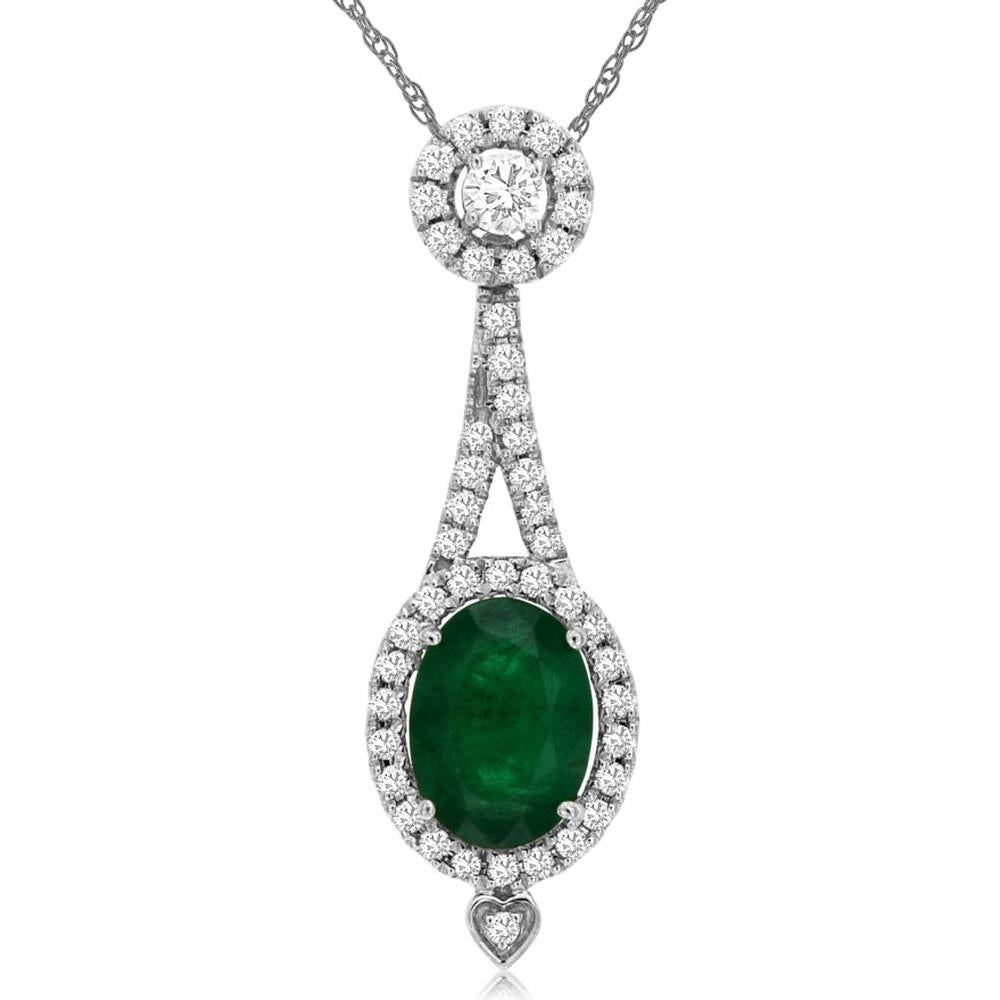14K White Gold Oval Emerald and Diamond Halo Pendant Necklace with 1.10 Carat Emerald and 0.33 Carat Total Diamond Weight - Royal Jewelry