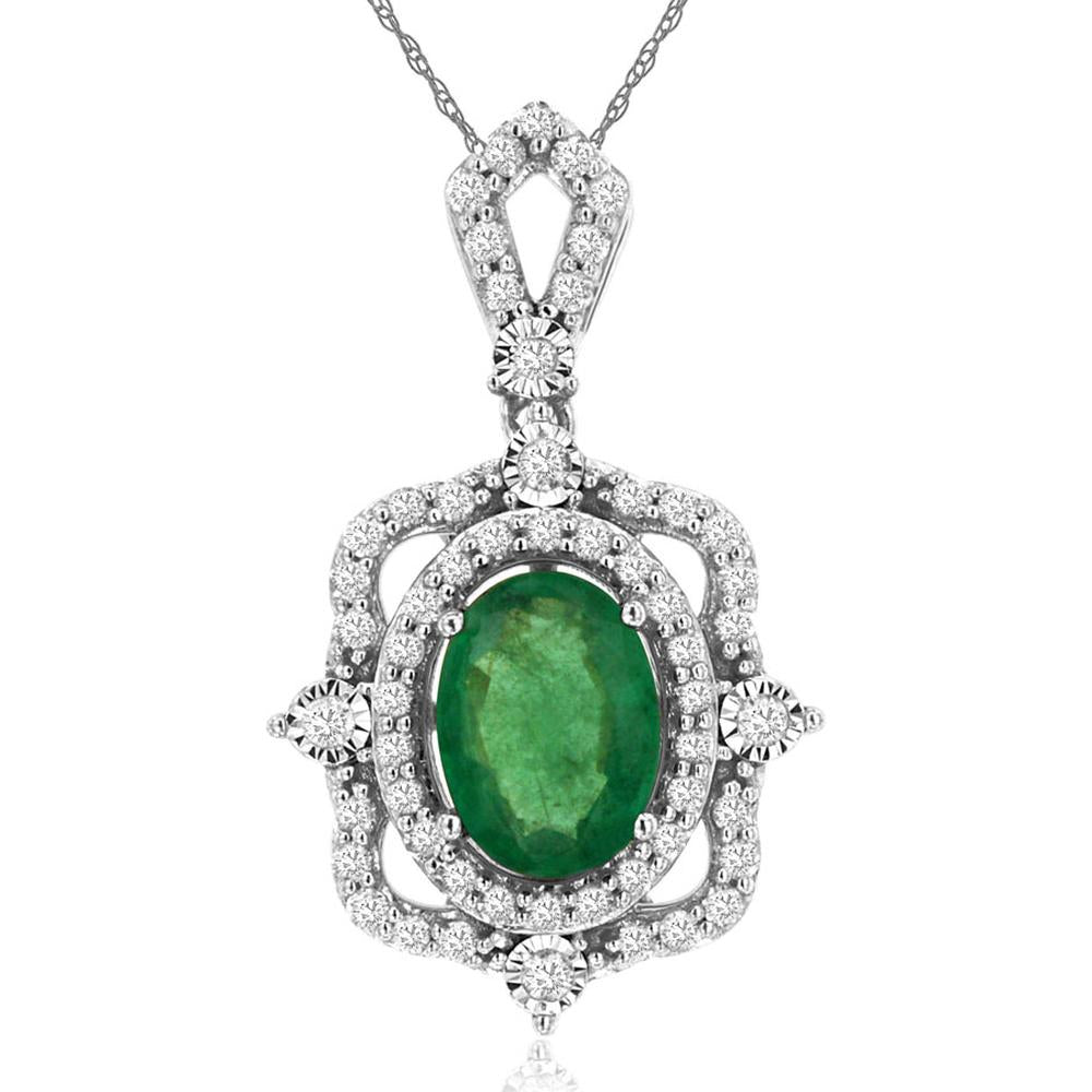 14K White Gold Oval Emerald and Diamond Halo Pendant with 0.70 Carat Emerald and 0.25 Carat Total Diamond Weight - Royal Jewelry