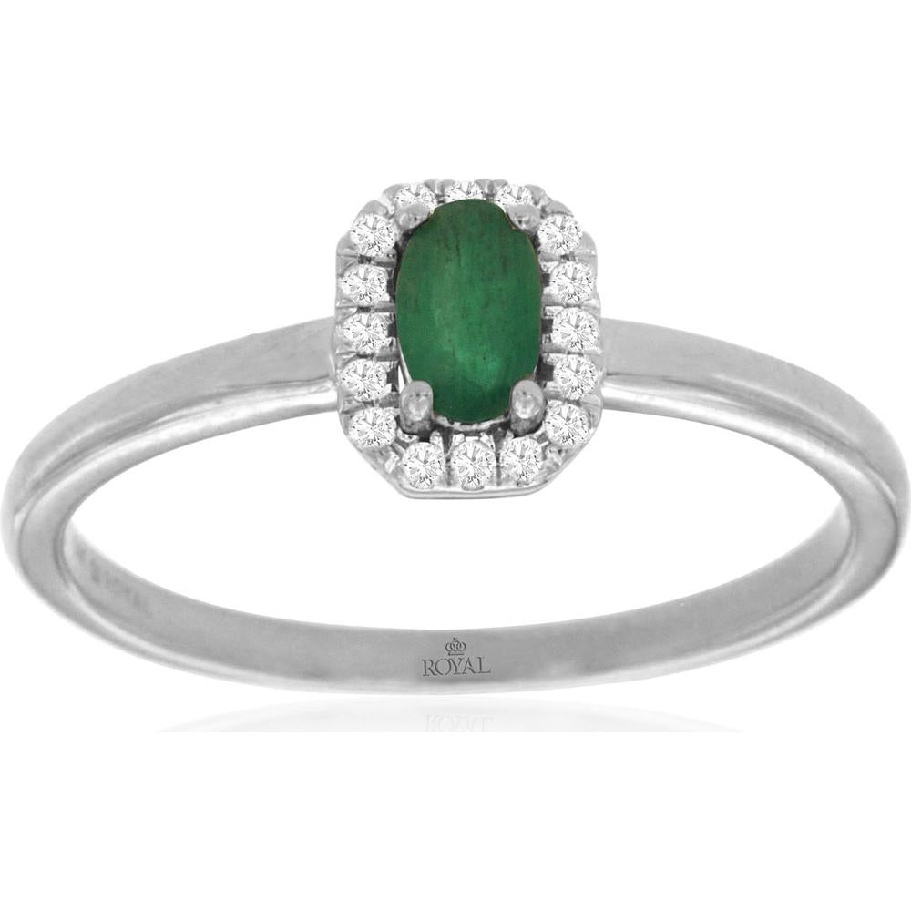 14K White Gold Oval Emerald and Diamond Halo Ring - 0.16 Carat Emerald, 0.06 Carat Total Diamond Weight - Royal Jewelry