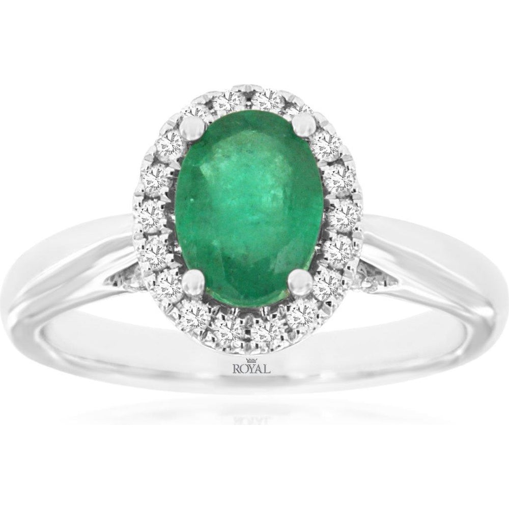 14K White Gold Oval Emerald and Diamond Halo Ring - 1.10 Carat Emerald and 0.34 Carat Total Diamond Weight - Royal Jewelry