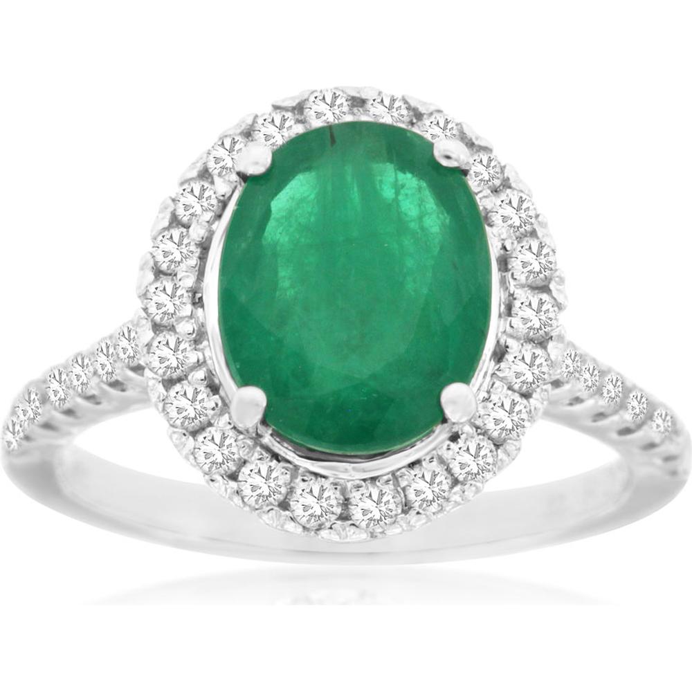 14K White Gold Oval Emerald and Diamond Halo Ring - 2.40 Carat Emerald and 0.60 Carat Total Diamond Weight - Royal Jewelry