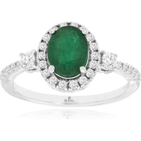 14K White Gold Oval Emerald and Diamond Halo Ring with 1.10 Carat Emerald and 0.40 Carat Total Diamond Weight - Royal Jewelry