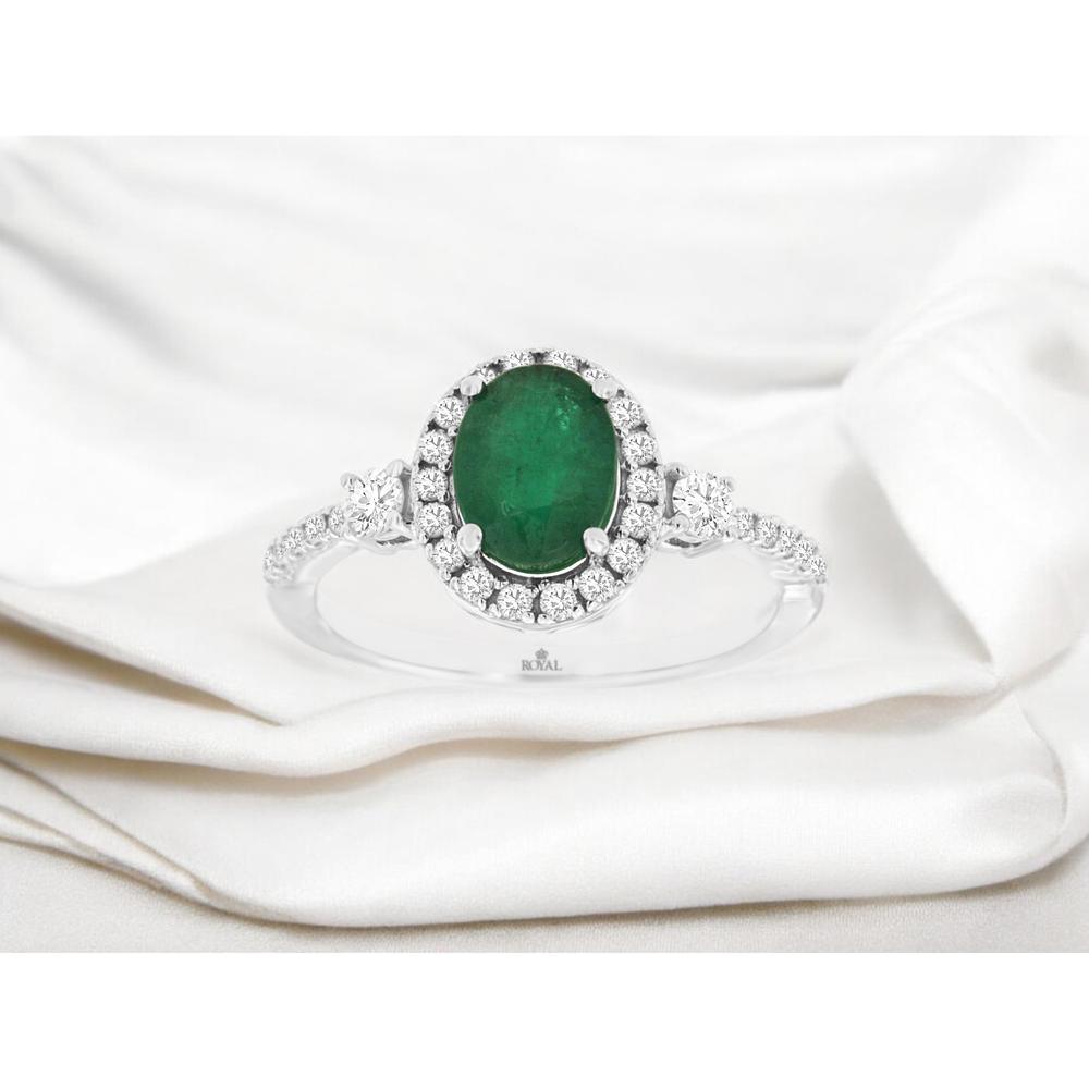 14K White Gold Oval Emerald and Diamond Halo Ring with 1.10 Carat Emerald and 0.40 Carat Total Diamond Weight - Royal Jewelry