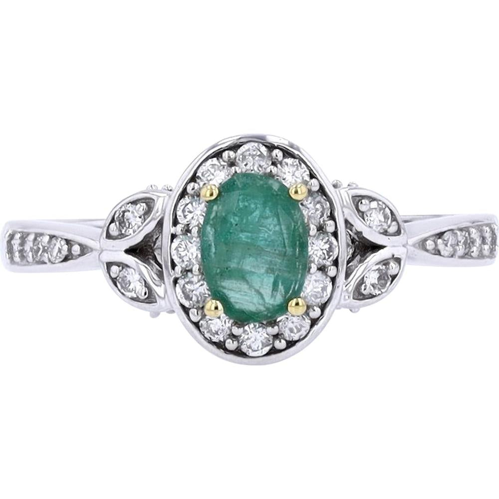 14K White Gold Oval Emerald and Diamond Halo Ring with Milgrain Detail - 0.50 Carats Emerald and 0.36 Carats Diamonds
