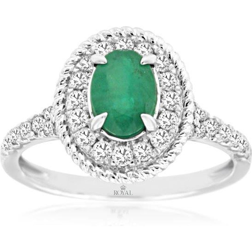 14K White Gold Oval Emerald and Diamond Halo Ring with Milgrain Detailing - 0.70 Carat Emerald and 0.52 Carat Total Diamond Weight - Royal Jewelry