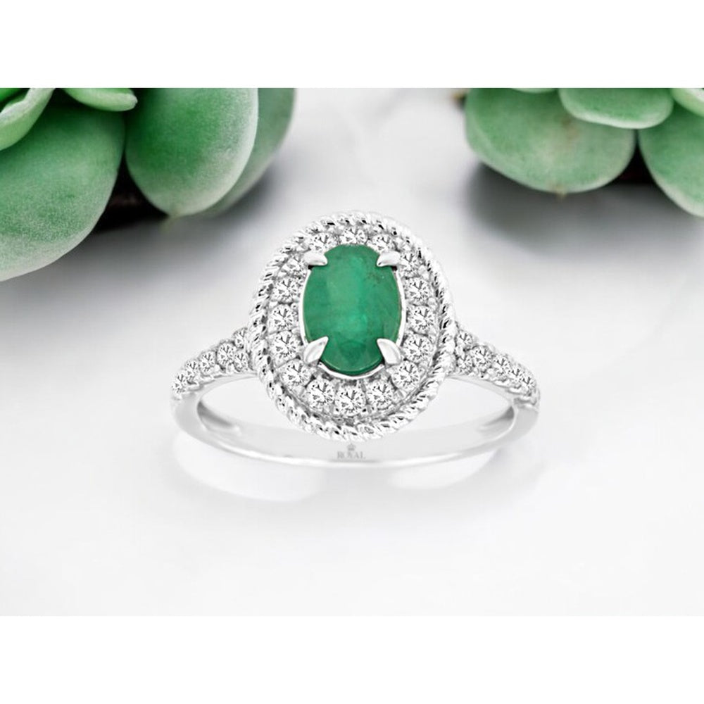 14K White Gold Oval Emerald and Diamond Halo Ring with Milgrain Detailing - 0.70 Carat Emerald and 0.52 Carat Total Diamond Weight - Royal Jewelry