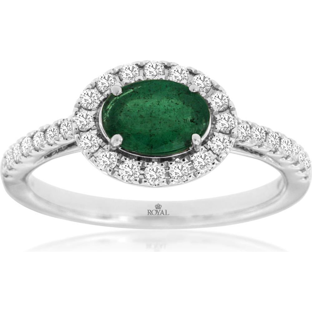 14K White Gold Oval Emerald and Diamond Halo Ring with Round Diamond Accents - 0.75 Carat Emerald and 0.33 Carat Total Diamond Weight - Royal Jewelry
