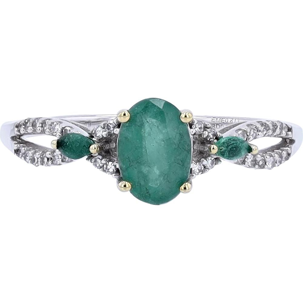 14K White Gold Oval Emerald and Diamond Halo Split Shank Ring with Pavé Accents - 0.10 Carats Diamond Total Weight