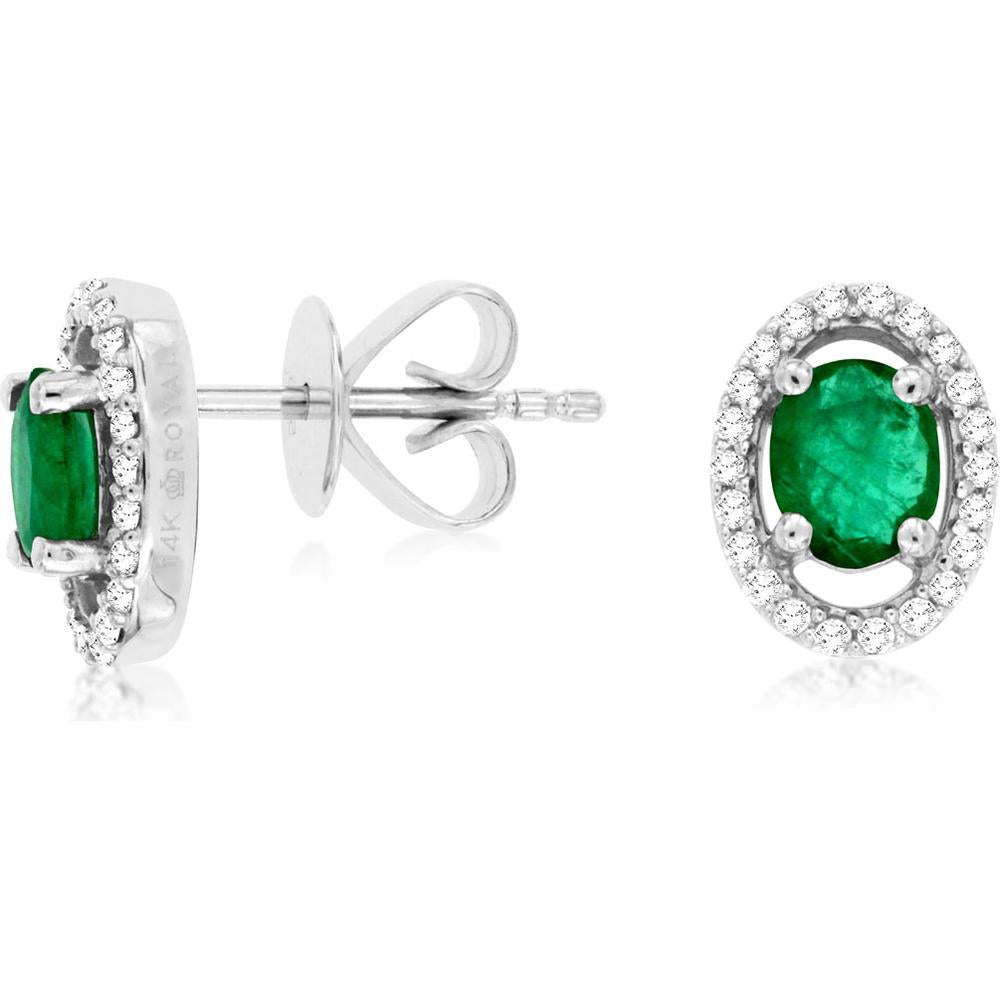 14K White Gold Oval Emerald & Diamond Halo Stud Earrings - 0.72 Carats Total Gem Weight
